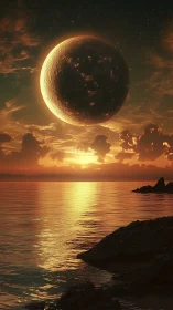Luminous alien moon rises above tranquil golden seascape.