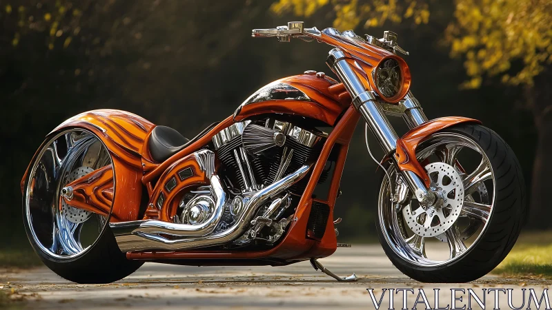 Photoreal custom chopper with chrome detailing and flame livery.