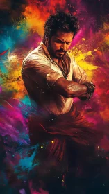 Male figure amid dense multicolor abstract paint clouds.