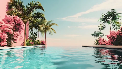 Infinity pool with palm trees and pink flowering shrubs at horizon