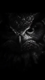 Monochrome owl portrait with dramatic low-key lighting focus.