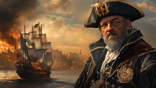 Stern pirate captain with burning ship near coastal city.