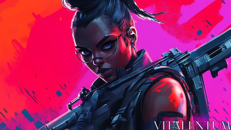 Neon-shadowed tactician steadies her aim in electric silence