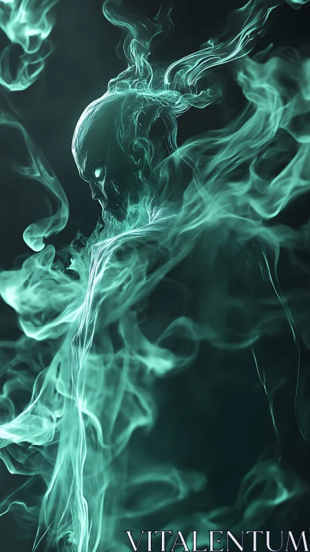 Translucent humanoid form emerges within teal smoke plumes