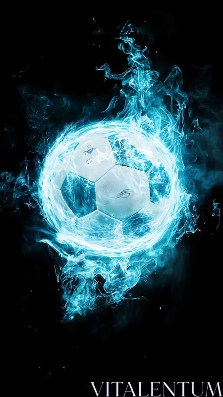 Luminous blue flame soccer ball blazes through dark space.