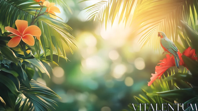 Colorful parrot in lush tropical jungle foliage at sunrise.