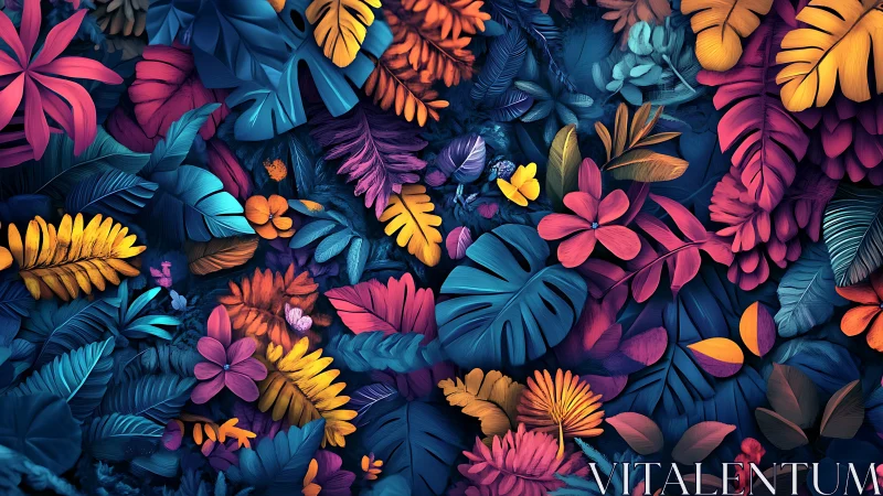Layered tropical leaves in saturated neon gradient colors.