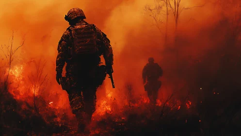 Soldiers advancing through an apocalyptic wildfire landscape in chaos.