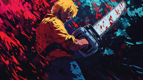 Blood-soaked chainsaw warrior in high-contrast neon palette.