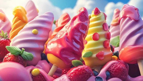 Composite confectionery arrangement with fruit garnishes.