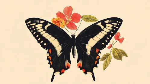 Midnight-winged butterfly poised among soft coral blooms.