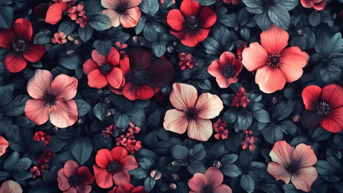 Red and Pink Flowers with Dark Foliage Overhead