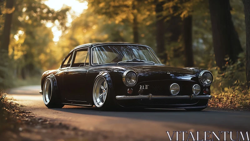 Midnight classic coupe prowls through autumn forest light.