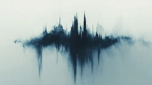 Digital painting skyline waveform with mirrored vertical plumes.
