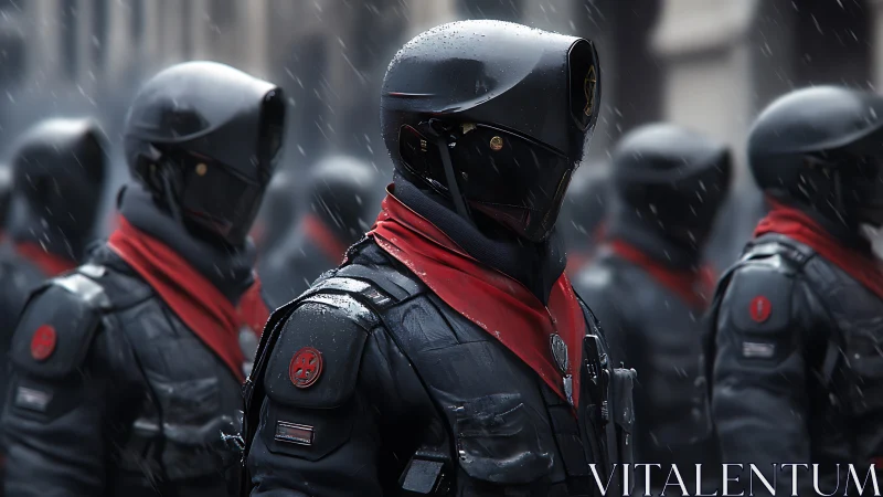 Armored futuristic troopers stand in formation under cold rain