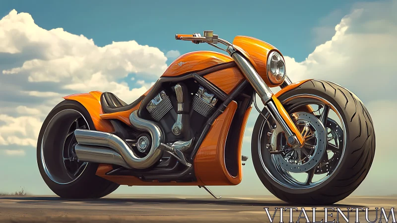 Low-angle render of orange custom V-twin cruiser with oversized tires