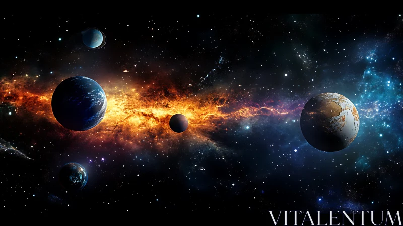 Cosmic planets drift beside a blazing interstellar rift.