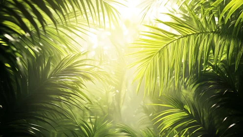 Sunlit palm foliage fills the frame in a dense composition