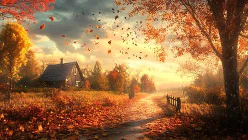 Autumn cottage dreams along a leaf-swirled golden country lane.