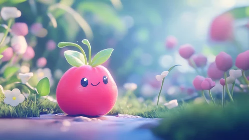 Smiling Pink Apple in Whimsical Garden.