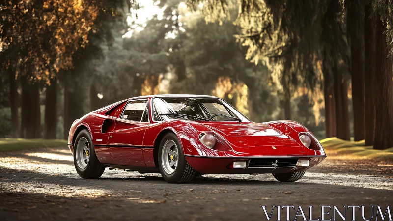 Classic red sports car rests gracefully on a sunlit forest road