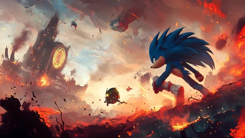 Blue hedgehog hero sprints through burning apocalyptic city