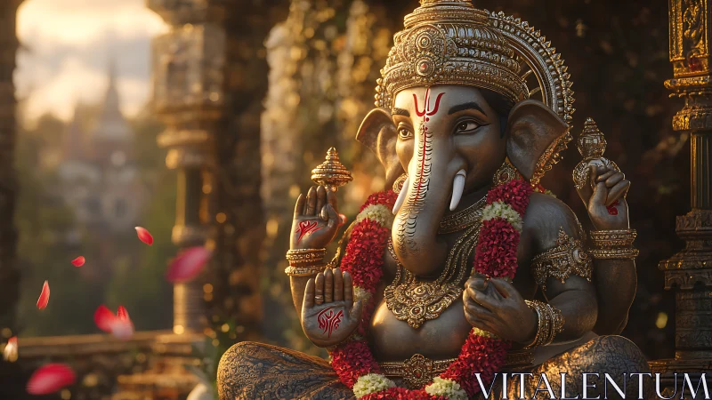 Sunlit Ganesha statue surrounded by drifting rose petals.