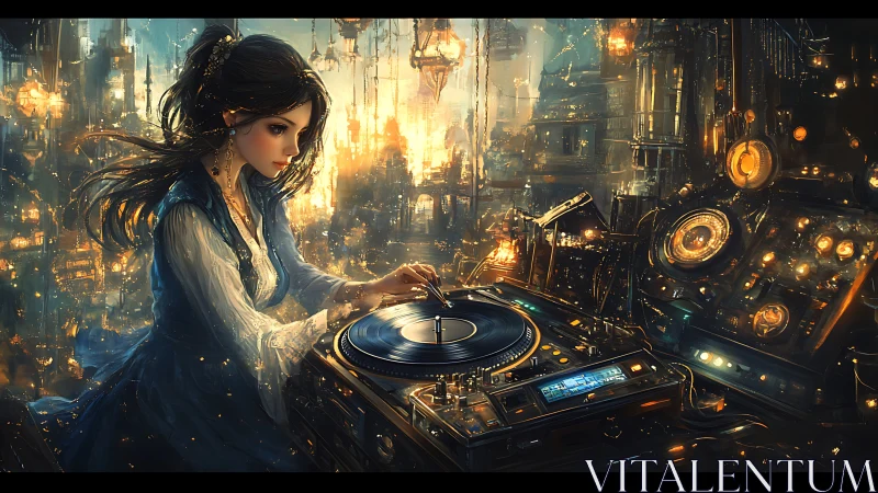 Steampunk city DJ girl mixing vinyl in glowing studio.