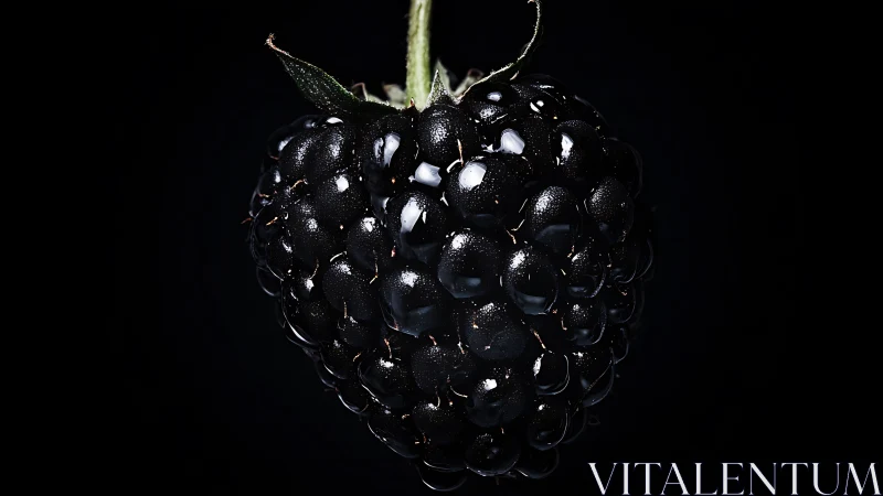 Close-up view of single blackberry on black background.