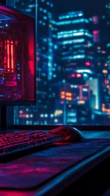 Neon-lit gaming rig before rainy cyberpunk skyline.