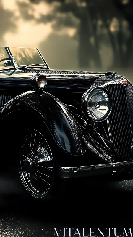 Prewar black roadster front quarter, chrome grille in foggy light