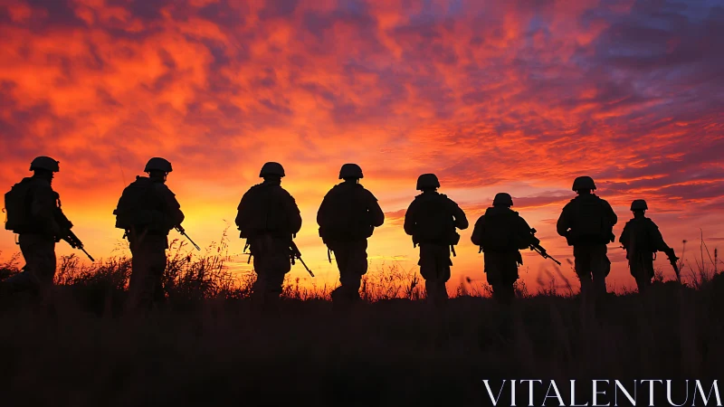 Infantry silhouettes advancing under high-saturation combat dusk.
