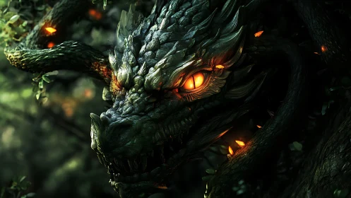 Dragon head emerges from dense forest with bioluminescent glow