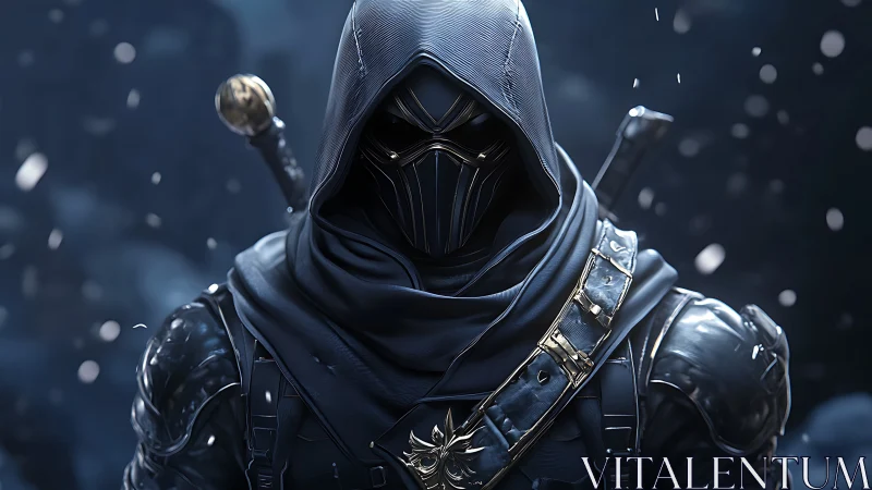 Hooded armored warrior stands in detailed snowy environment