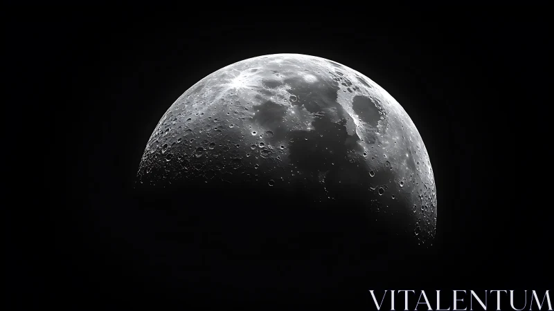 Crisp monochrome close-up of the Moon&rsquo;s cratered surface.