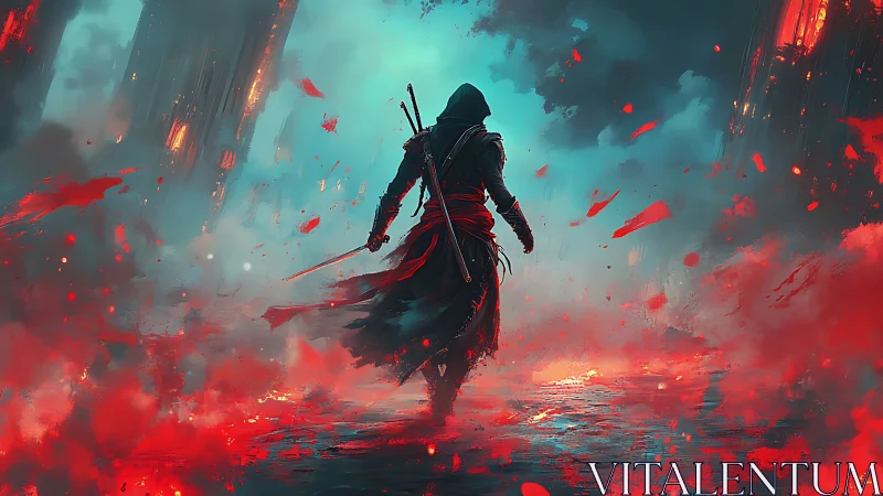 Hooded swordsman walks through red smoke in ruined city.