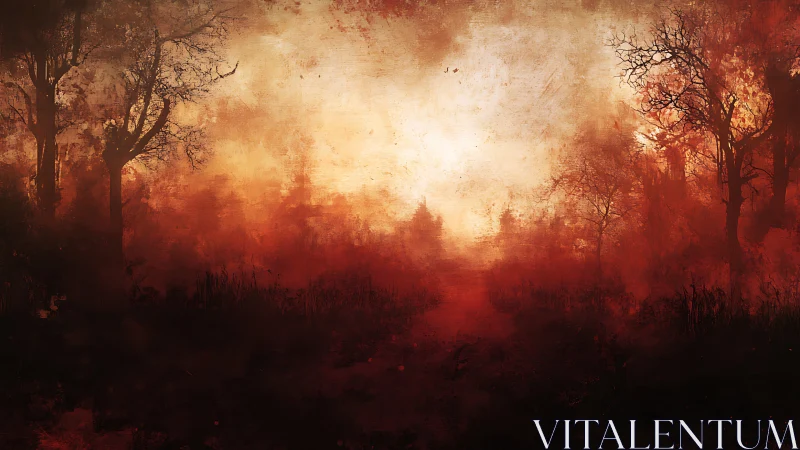 Burning red forest path under dense smoky sky at dusk.