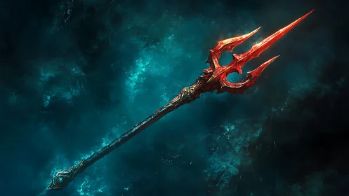 Fiery red trident drifts in a deep, mysterious blue void