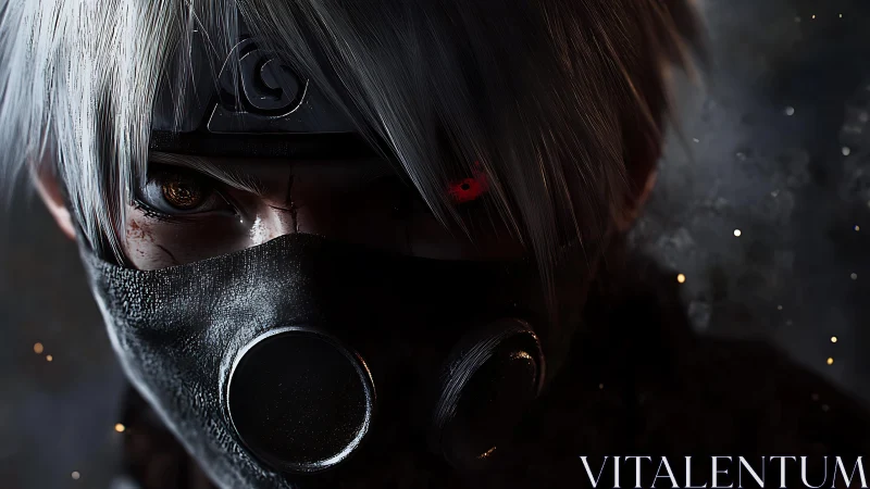 Masked silver-haired warrior portrait in dark atmosphere.
