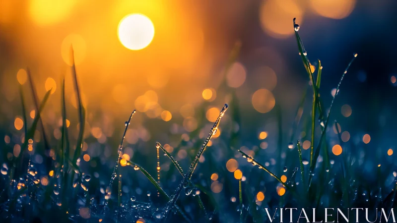 Backlit dew on grass blades under shallow depth and bokeh lighting
