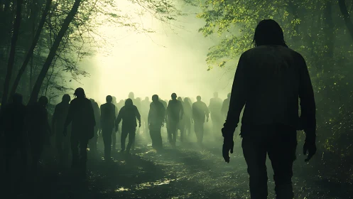 Backlit forest horde advancing through volumetric green mist.