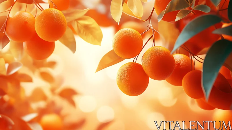 Ripe oranges glow on sunlit branches in soft bokeh light.