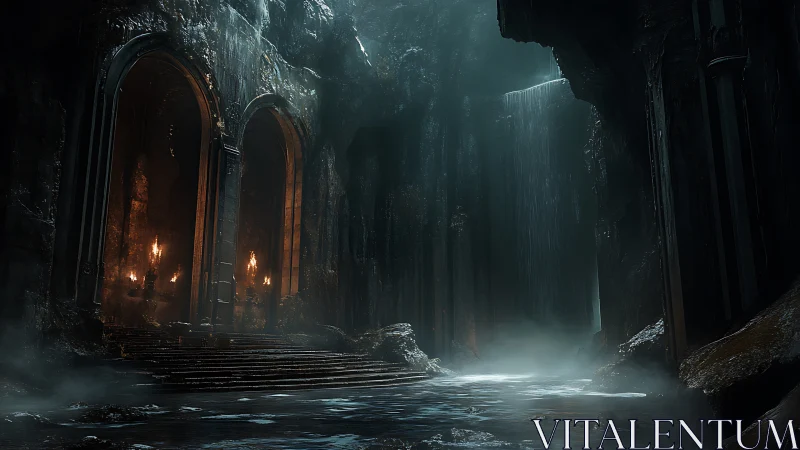 Stone cavern hall shows waterfalls, arches, and torchlight