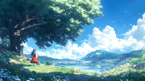 Girl under a great tree gazing over a sunlit valley.