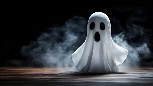 Cartoon ghost figure on wooden floor with cinematic fog.