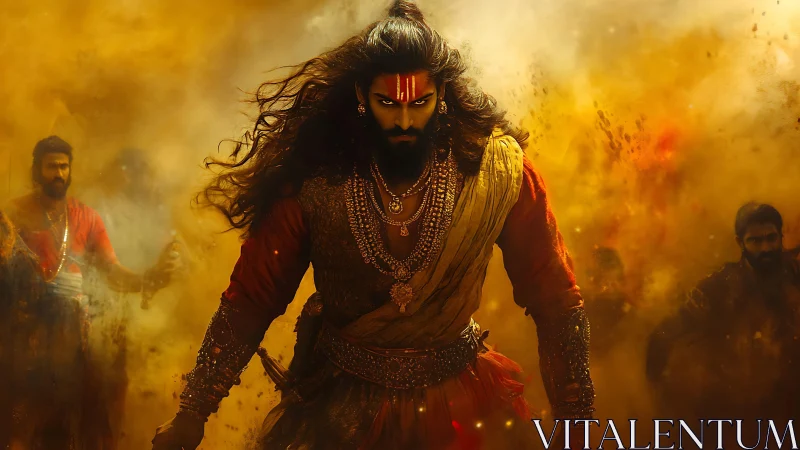 Warrior leader strides through cinematic golden dust storm.