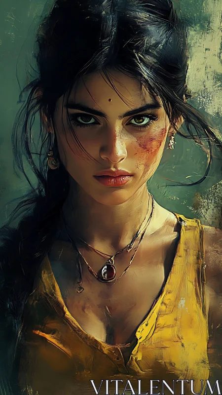 Woman with bruised face in yellow top, digital portrait.