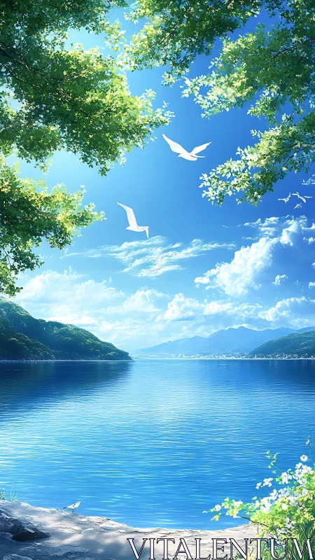 Sunlit lakeshore panorama renders aerial depth and clarity