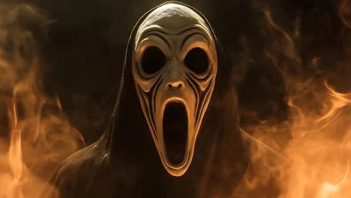 Shrieking wraith-mask rises from molten curls of shadowed fire.