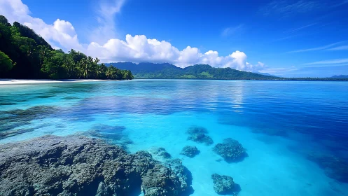 Tropical Island with Coral Reef and Mountain Backdrop.